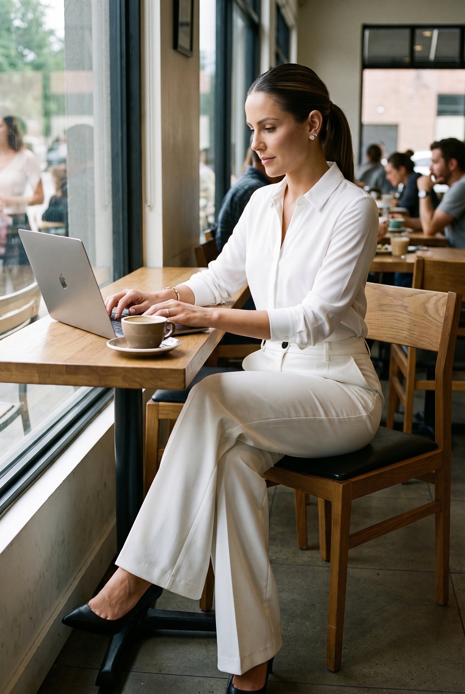 Women's Trousers High Waist in White — office cafe