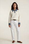 White Women's Contrast Collar Pullover Sweater - Sweaters - Photo 13