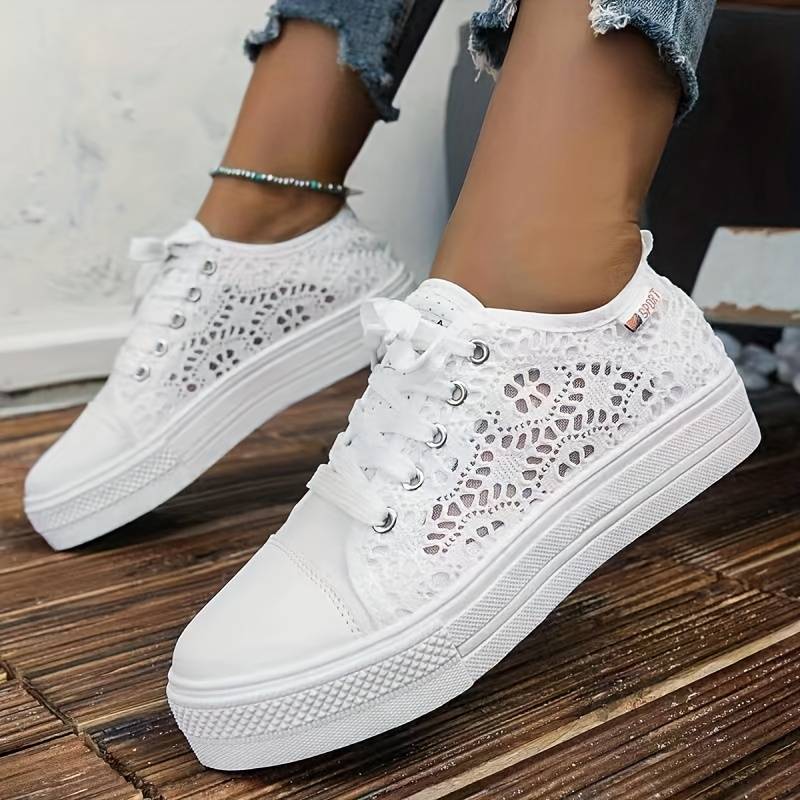 Women's Crochet Lace Platform Lace-Up Sneakers - Photo 2