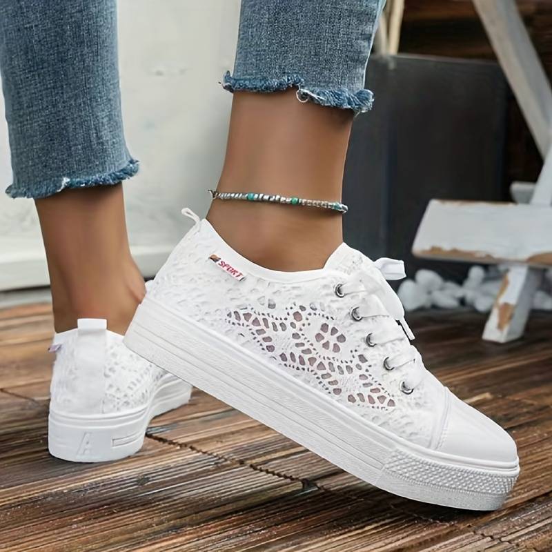 Women's Crochet Lace Platform Lace-Up Sneakers - Photo 3