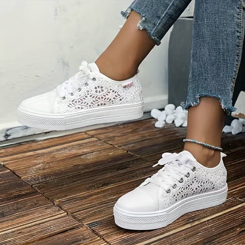 Women's Crochet Lace Platform Lace-Up Sneakers - Photo 4