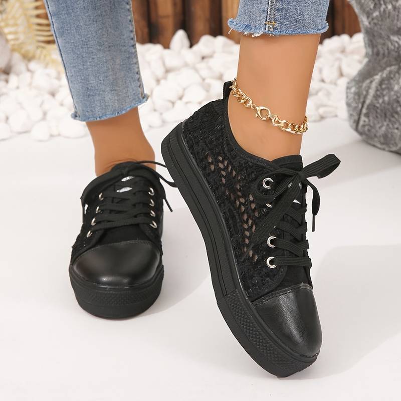 Women's Crochet Lace Platform Lace-Up Sneakers - Photo 6