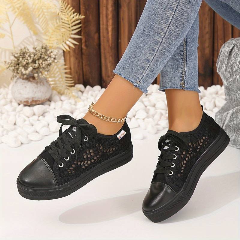 Women's Crochet Lace Platform Lace-Up Sneakers - Photo 7