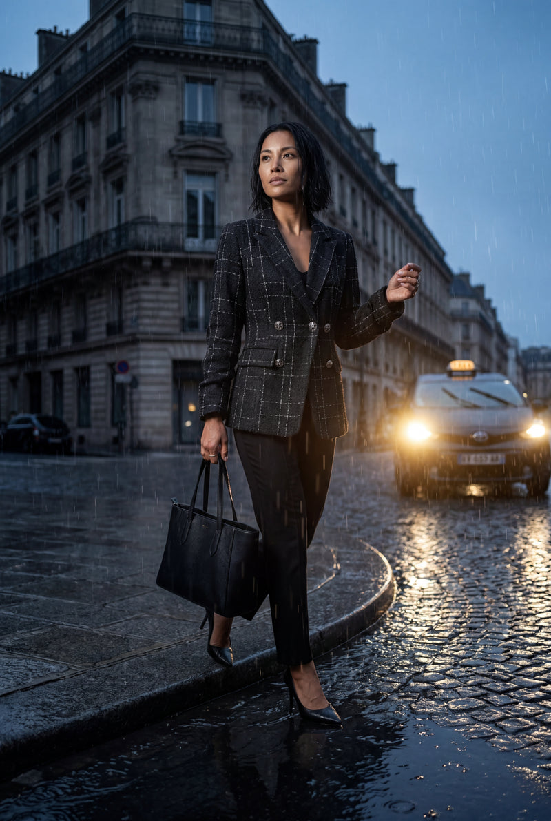 White Women's Double-Breasted Checked Tailored Blazer - Checked blazer - Photo 4