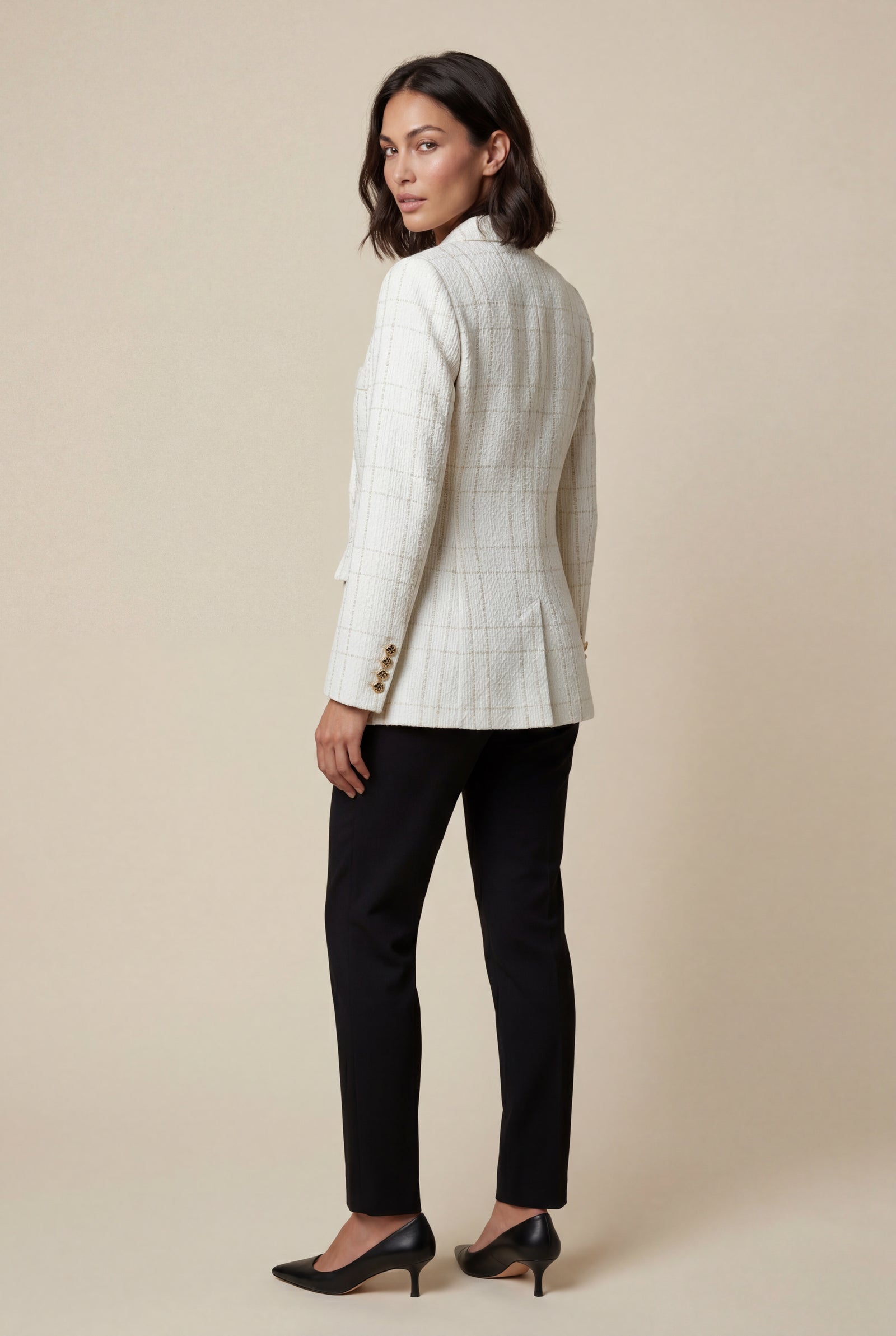 White Women's Double-Breasted Checked Tailored Blazer - Checked blazer - Photo 6
