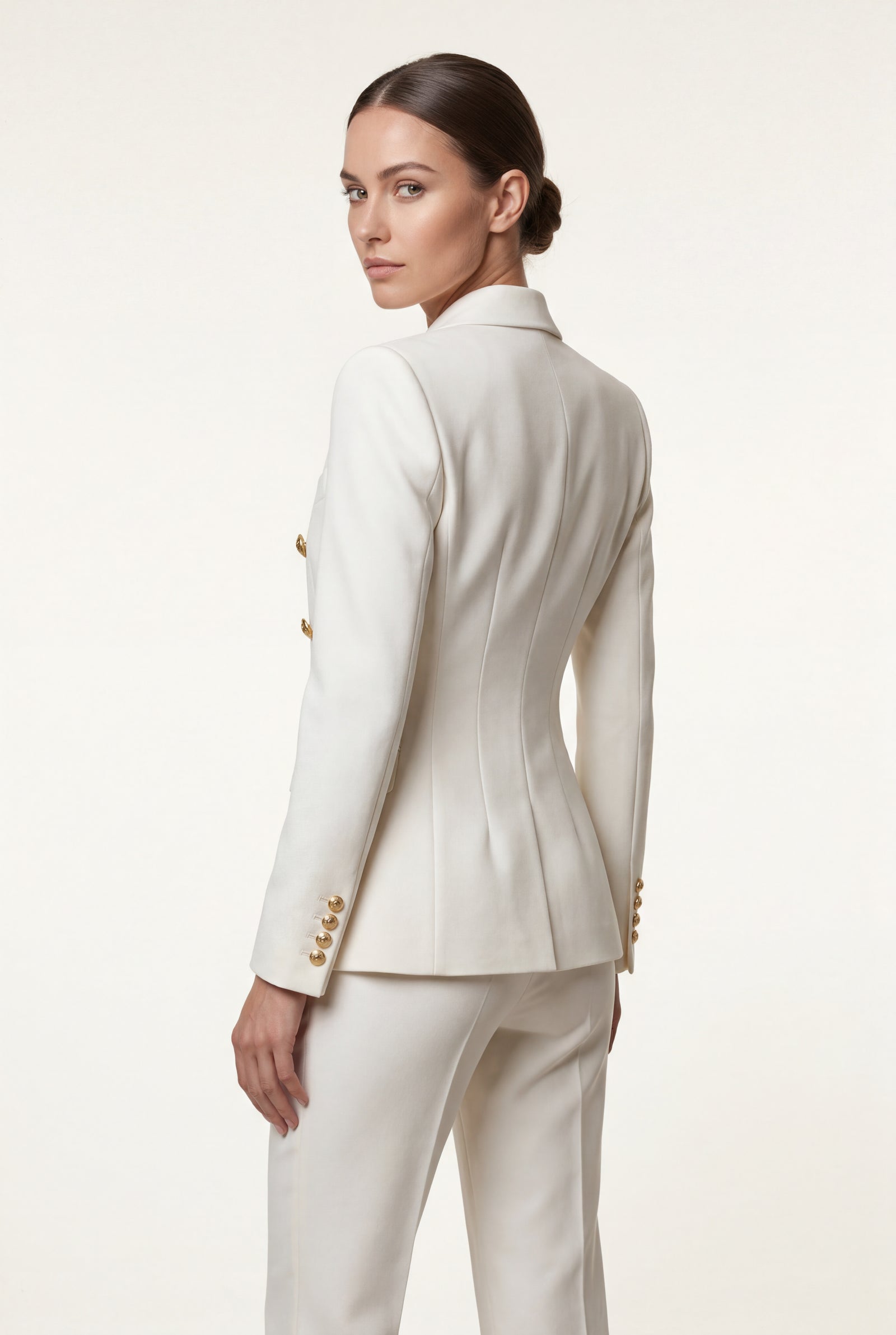 White Women's Gold Button Double-Breasted Tailored Blazer - Blazers - Photo 3
