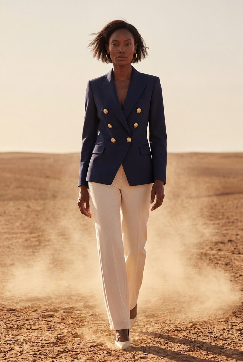 Navy Blue Women's Gold Button Double-Breasted Tailored Blazer - Blazers - Photo 7