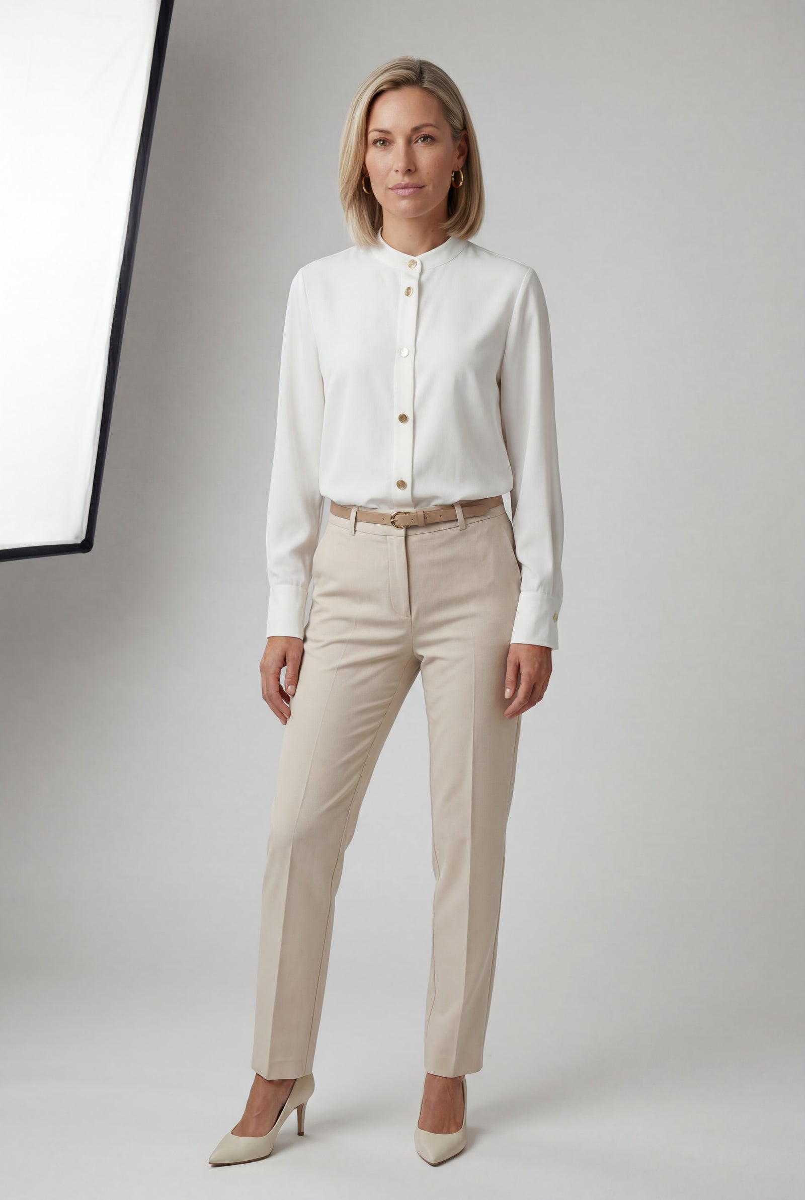 White Women's Gold Button Mandarin Collar Long Sleeve Blouse - Blouses - Photo 1