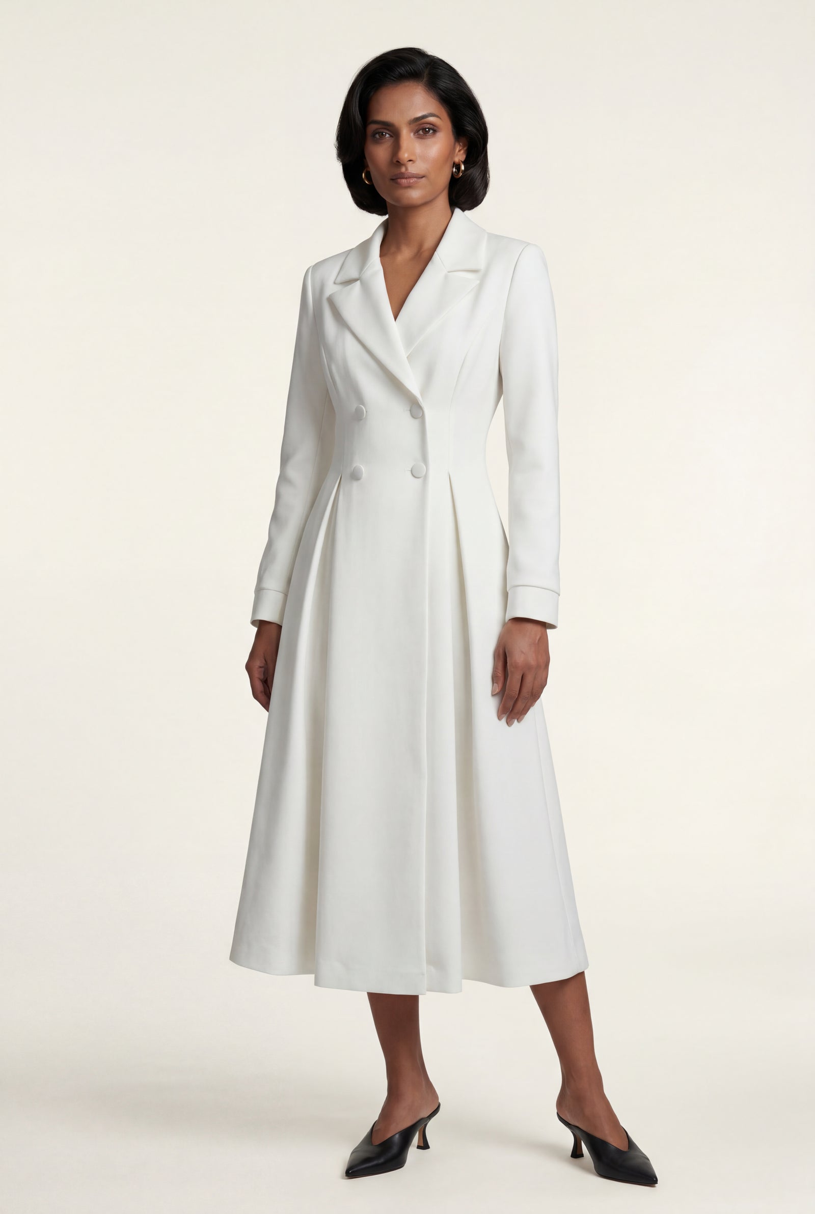 White Women's Ivory Double-Breasted Midi Trench Coat Dress - Photo 1