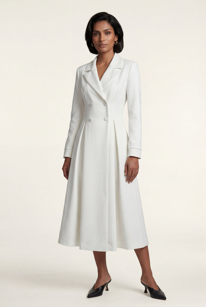 White Women's Ivory Double-Breasted Midi Trench Coat Dress - Photo 1