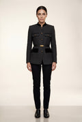 Black Women's Military-Inspired Belted Structured Blazer With Trim - Blazers - Photo 1