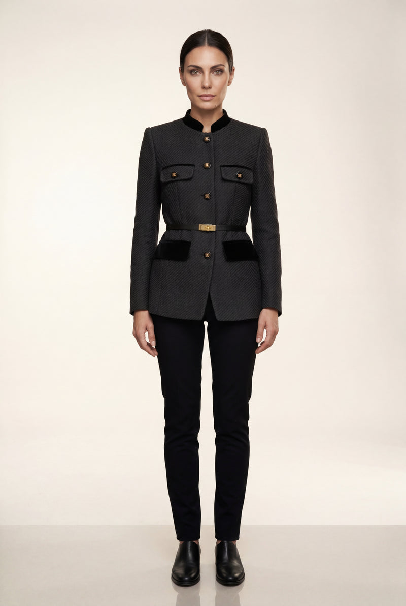 Black Women's Military-Inspired Belted Structured Blazer With Trim - Blazers - Photo 1
