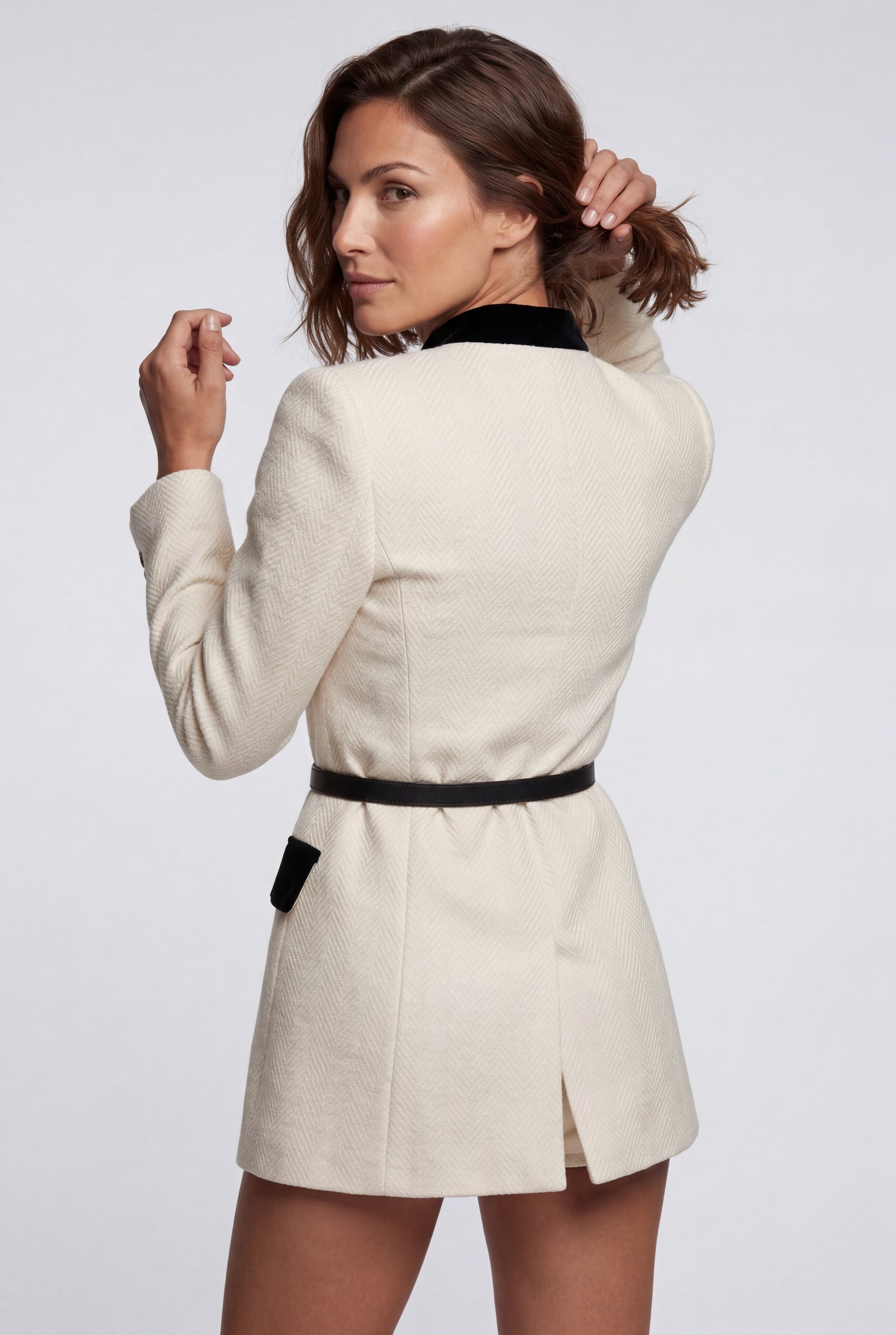White Women's Military-Inspired Belted Structured Blazer With Trim - Blazers - Photo 14