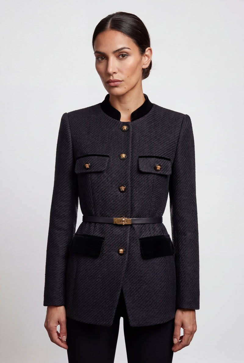 Black Women's Military-Inspired Belted Structured Blazer With Trim - Blazers - Photo 3