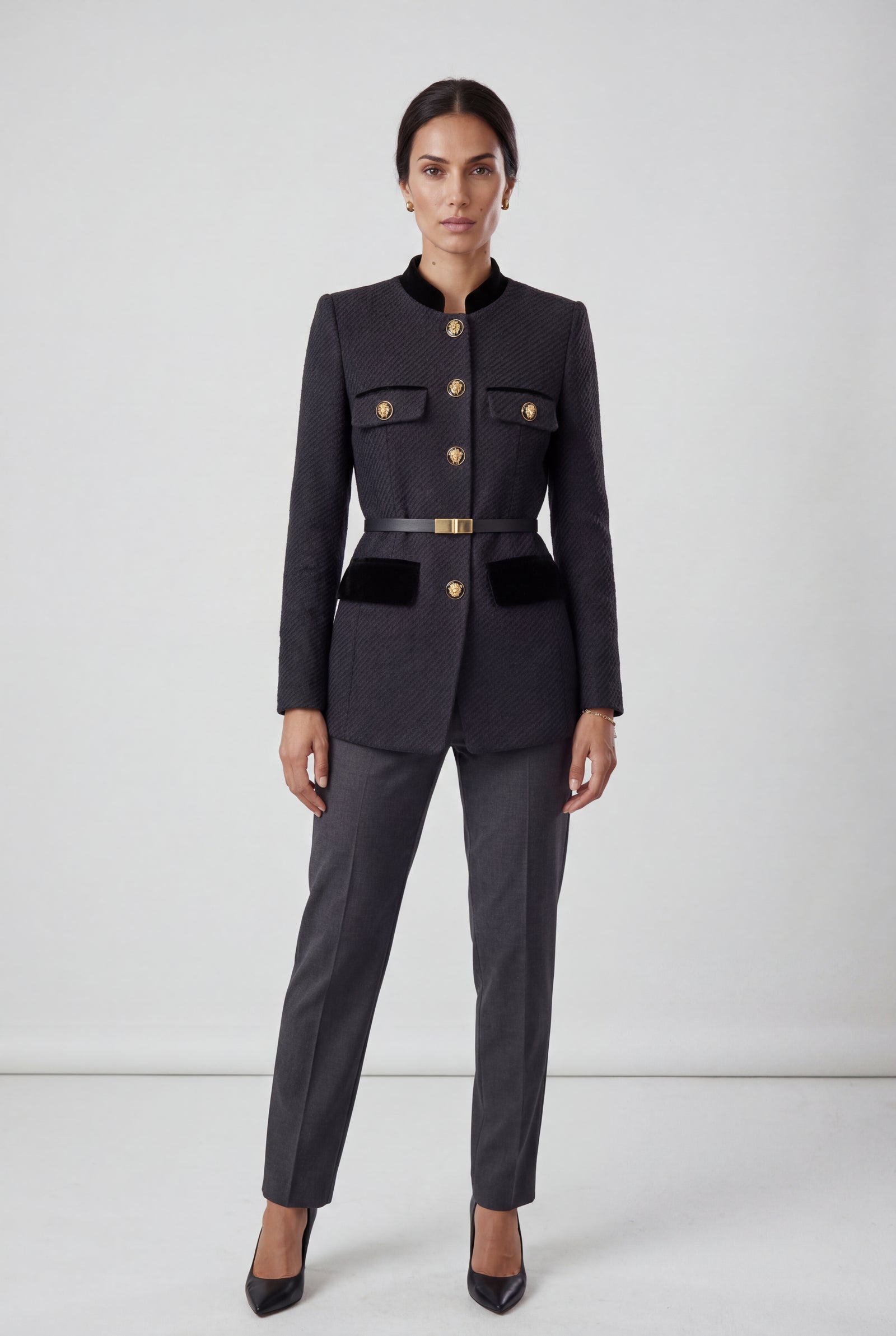 Black Women's Military-Inspired Belted Structured Blazer With Trim - Blazers - Photo 7