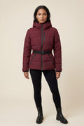 Wine Red Belted Padded Hooded Jacket with Fitted Waist - Padded jackets - Photo 1
