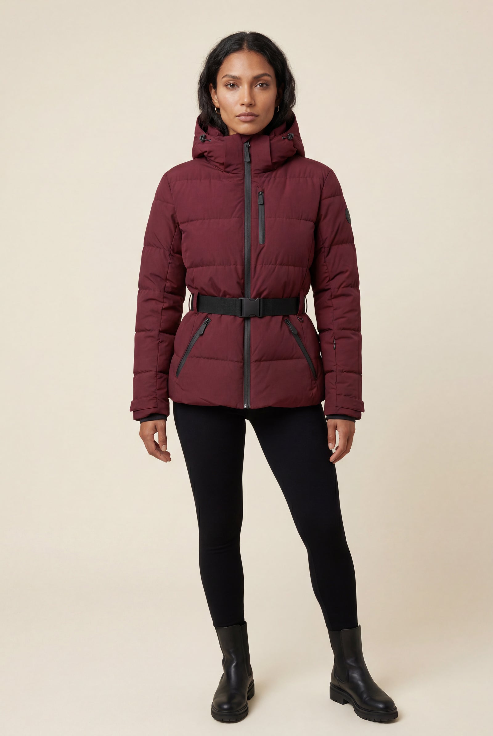 Wine Red Belted Padded Hooded Jacket with Fitted Waist - Padded jackets - Photo 1