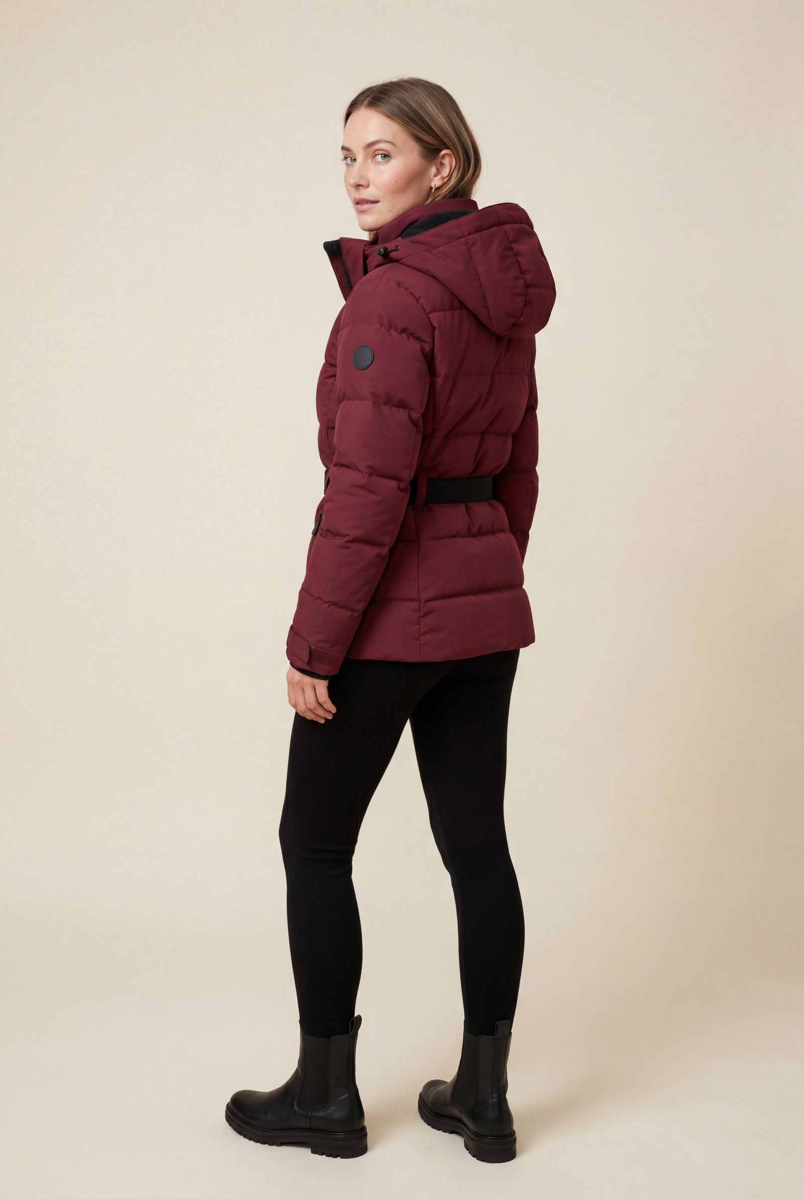 Wine Red Belted Padded Hooded Jacket with Fitted Waist - Padded jackets - Photo 3