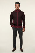 Wine Red Diamond Jacquard Zip-up Cardigan with Ribbed Stand Collar - Photo 5