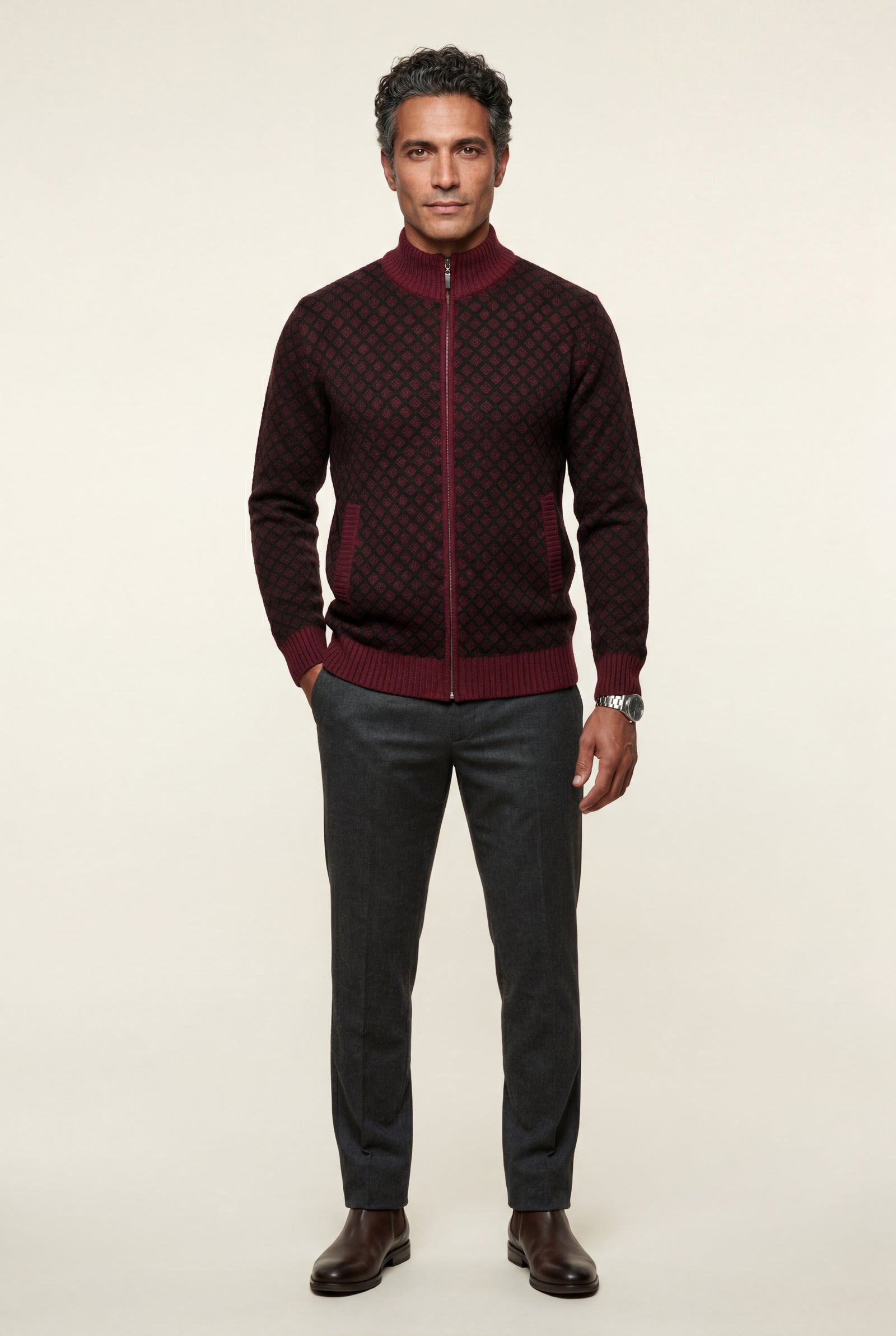 Wine Red Diamond Jacquard Zip-up Cardigan with Ribbed Stand Collar - Photo 5