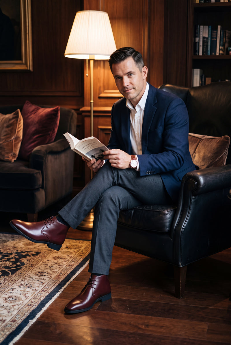 Men's Chukka Boots Sleek Silhouette in Wine Red — secondary lifestyle