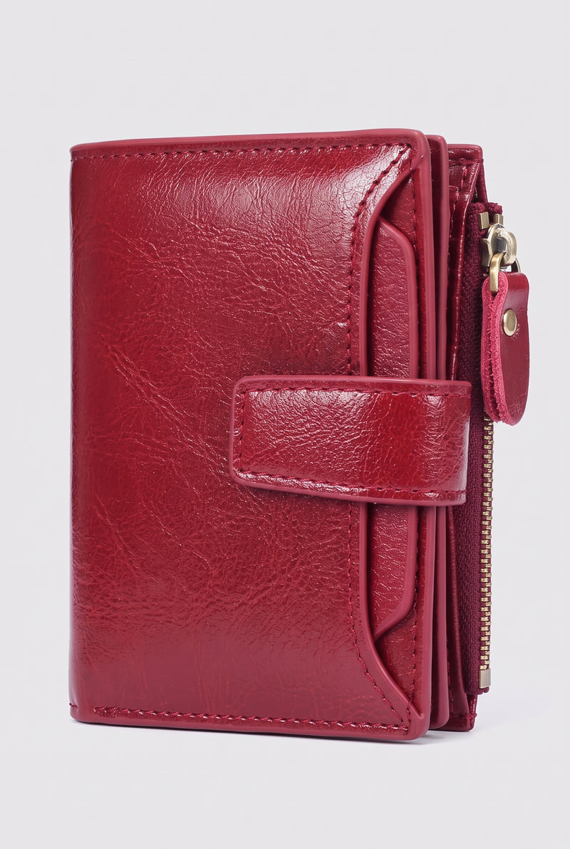 Pebbled Fold-Over Wallet in Wine Red — studio front