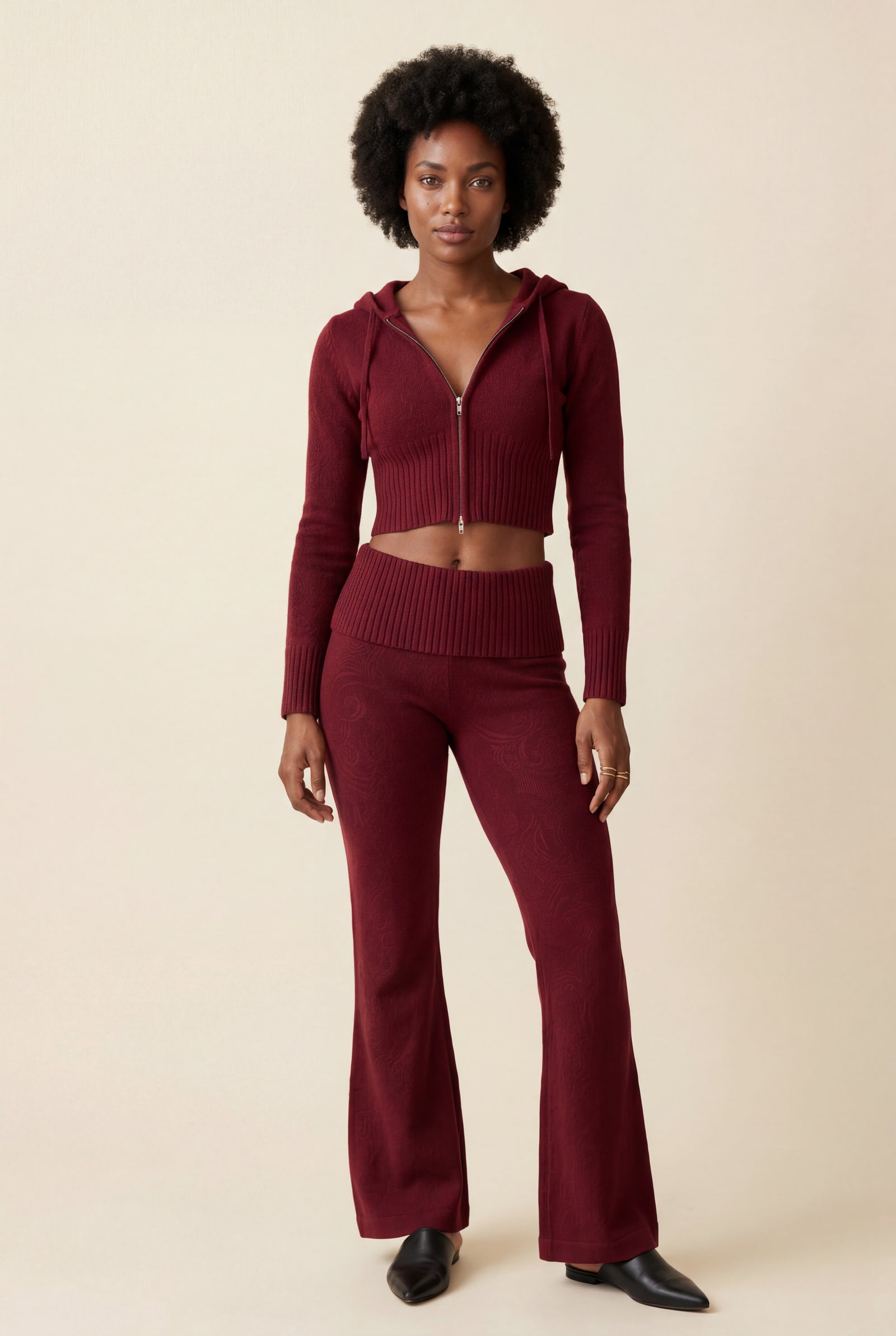 Wine Red Ribbed Cropped Hoodie and Flared Pants Lounge Set - Cardigan and pants - Photo 12