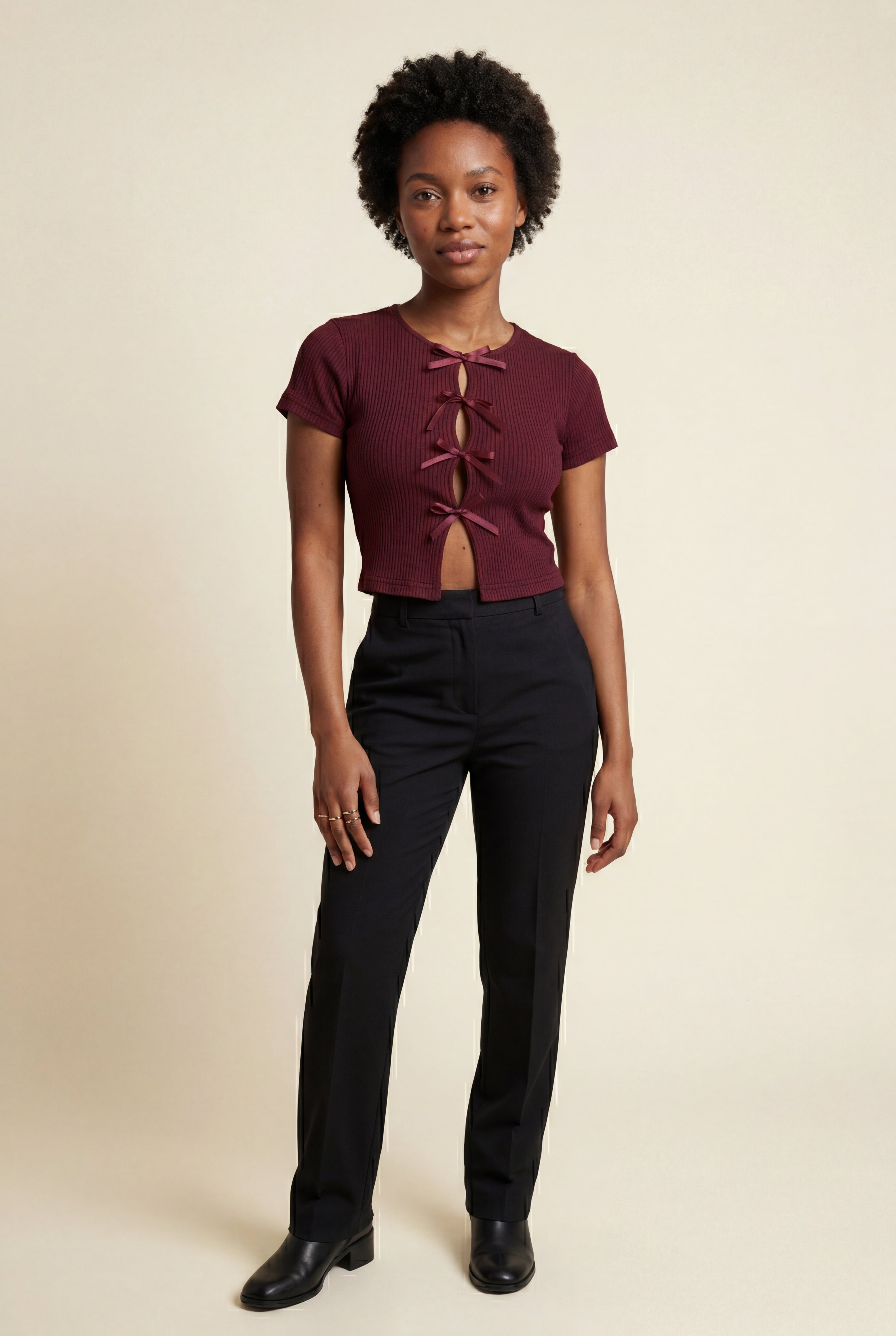 Front Tie Ribbed Cut-Out Short Sleeve Top in Wine Red | Front Knot