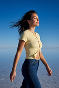 Yellow Ribbed Cut-out Short Sleeve Top with Front Tie Detail - Short sleeve tops - Photo 13