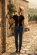 Black Ribbed Cut-out Short Sleeve Top with Front Tie Detail - Short sleeve tops - Photo 14
