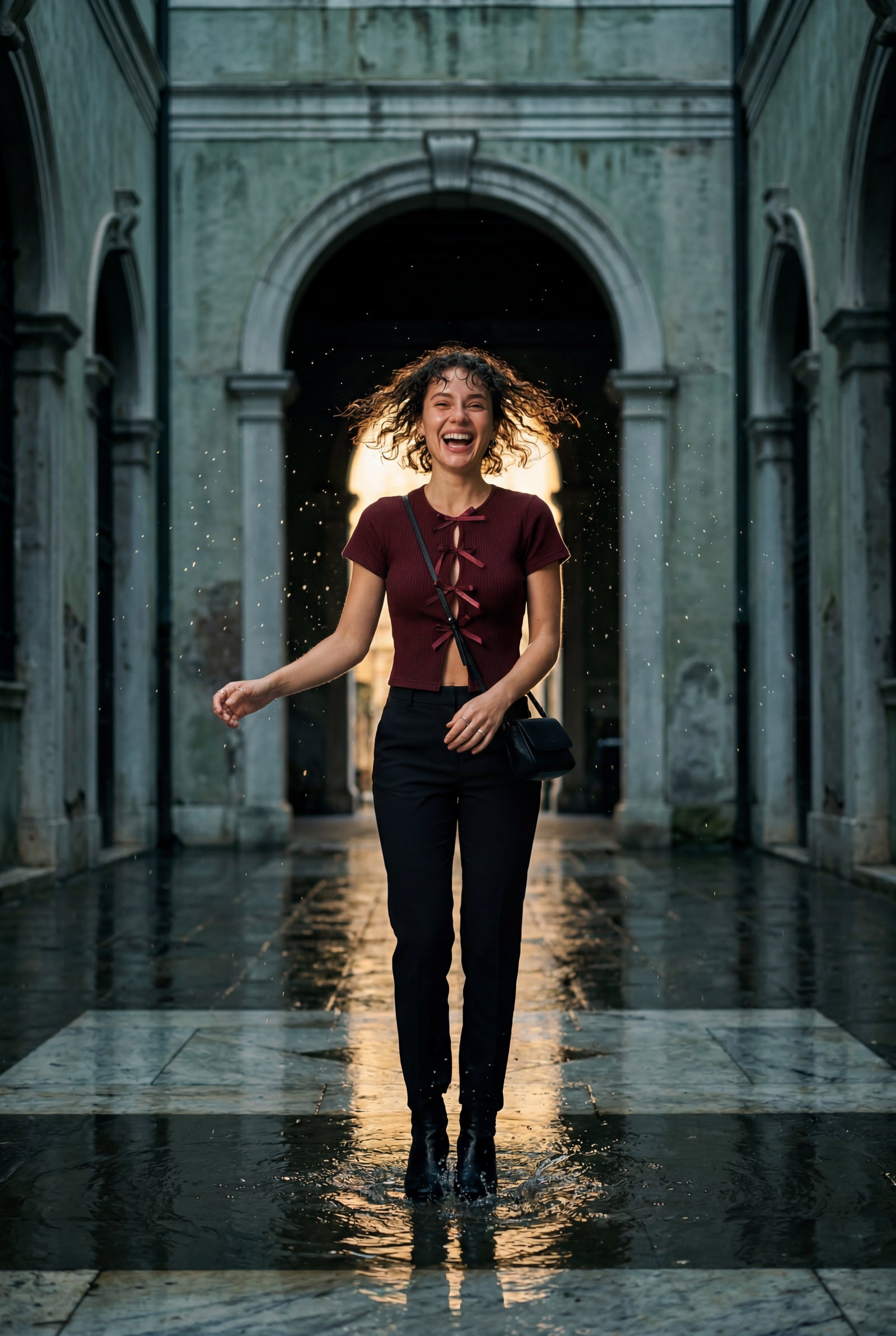 Wine Red Ribbed Cut-out Short Sleeve Top with Front Tie Detail - Short sleeve tops - Photo 16