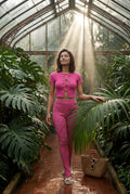 Pink Ribbed Cut-out Short Sleeve Top with Front Tie Detail - Short sleeve tops - Photo 22