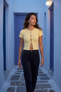Yellow Ribbed Cut-out Short Sleeve Top with Front Tie Detail - Short sleeve tops - Photo 5