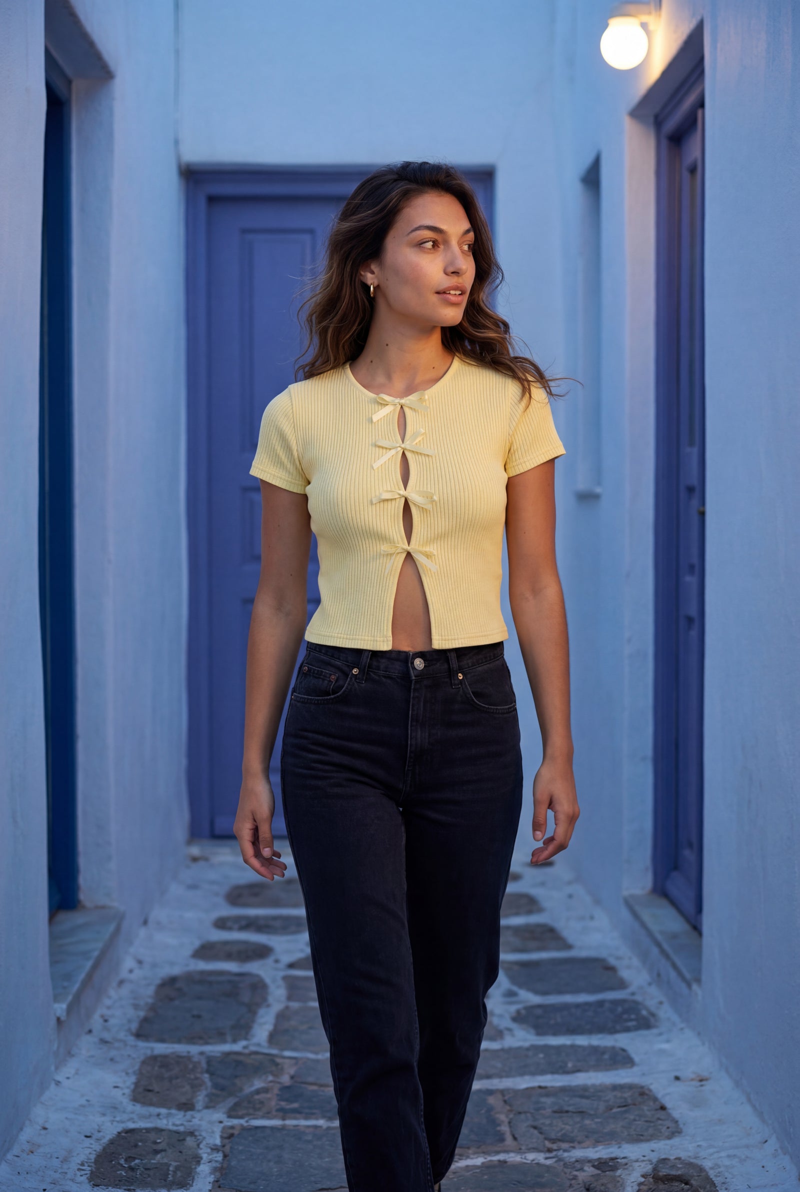 Yellow Ribbed Cut-out Short Sleeve Top with Front Tie Detail - Short sleeve tops - Photo 5