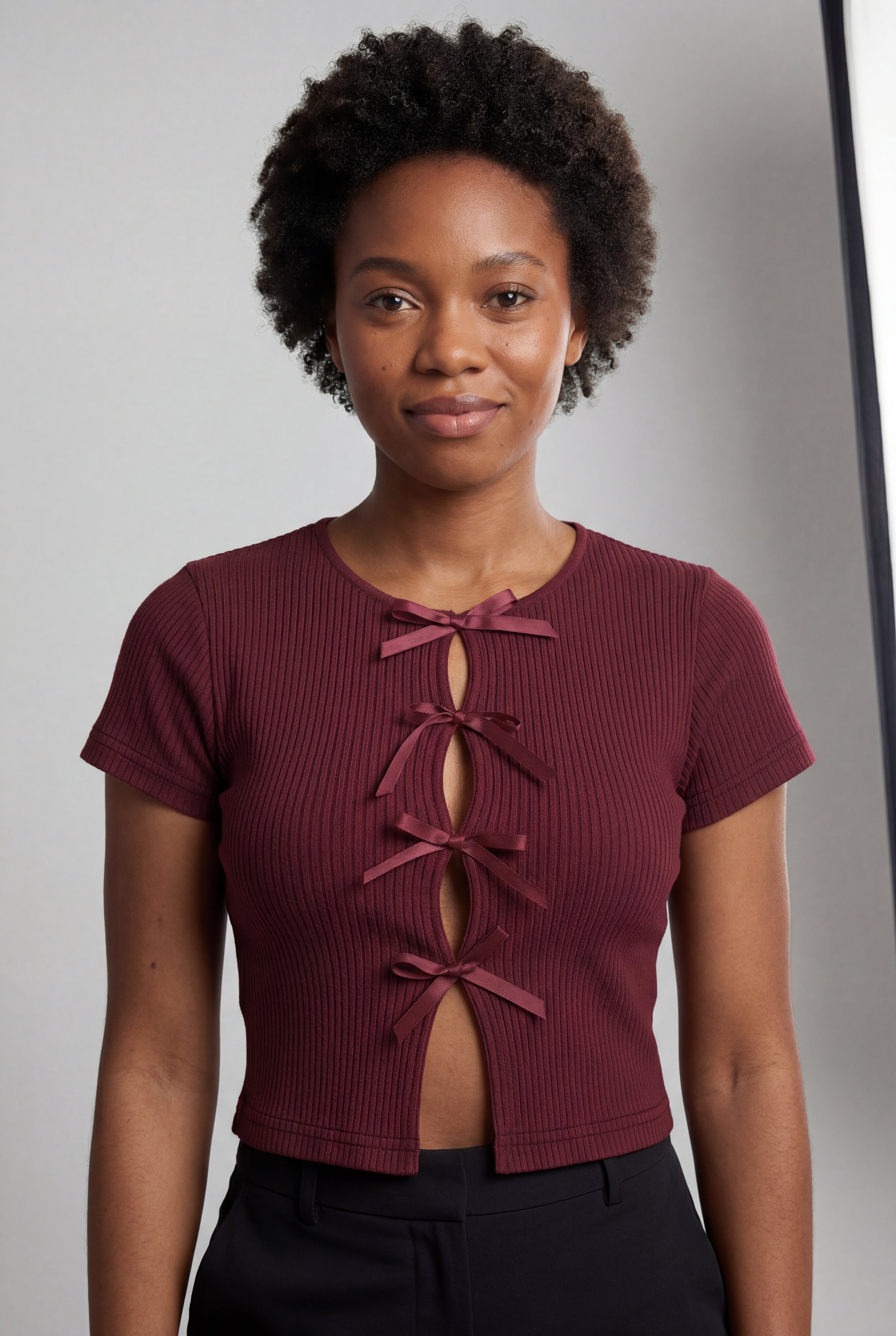 Front Tie Ribbed Cut-Out Short Sleeve Top in Wine Red | Front Knot