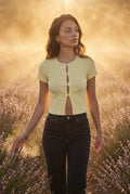Yellow Ribbed Cut-out Short Sleeve Top with Front Tie Detail - Short sleeve tops - Photo 9