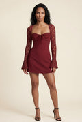 Wine Red Wine Red Lace Sleeve Sweetheart Mini Dress - Photo 1
