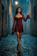 Wine Red Wine Red Lace Sleeve Sweetheart Mini Dress - Photo 4
