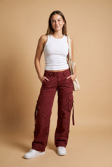Women's Cargo Trousers Wide Leg in Wine Red — front full body