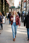 Women's Short Puffer Jacket with Hood in Wine Red — lifestyle 1