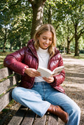Women's Short Puffer Jacket with Hood in Wine Red — lifestyle 2