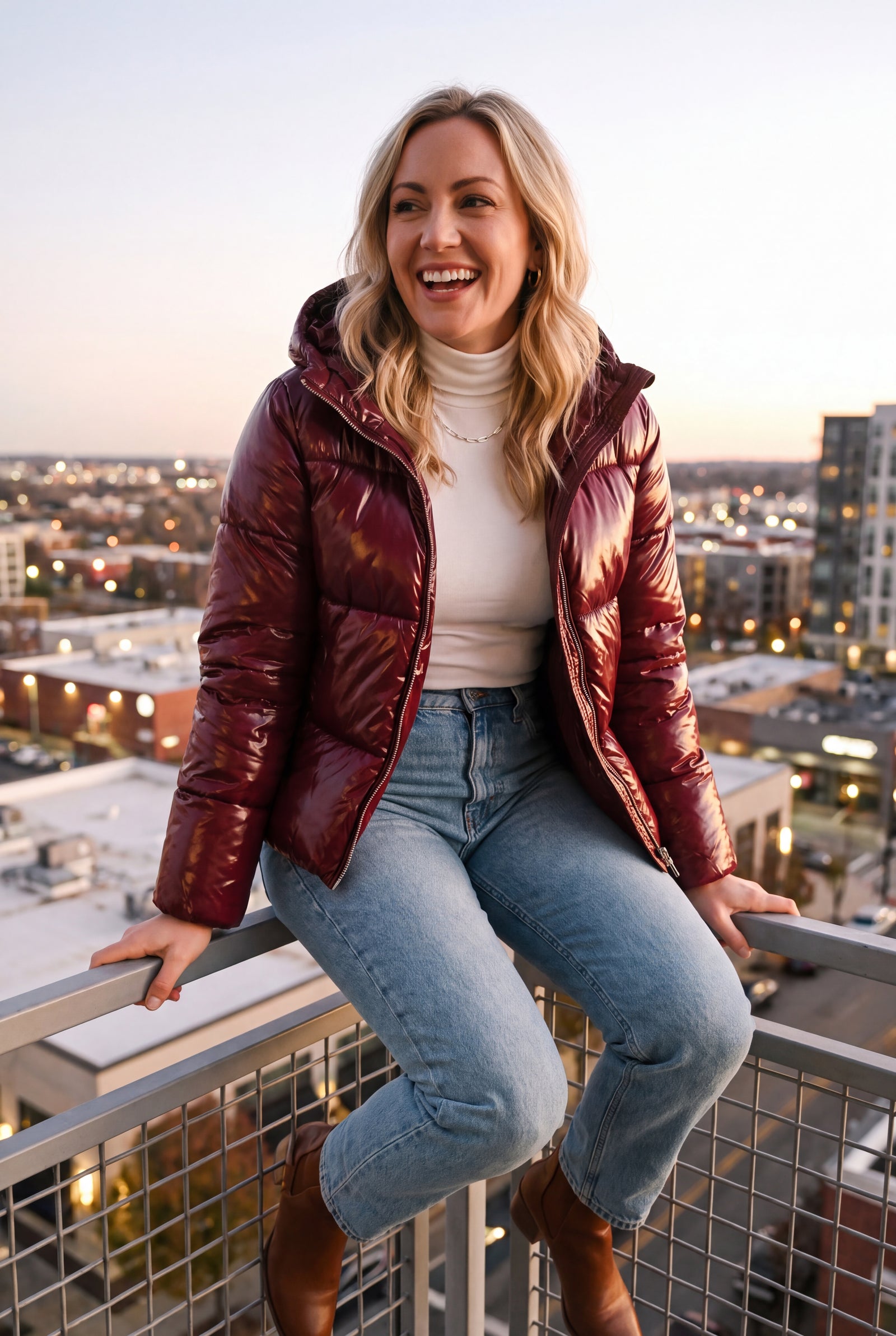 Women's Short Puffer Jacket with Hood in Wine Red — ugc 1