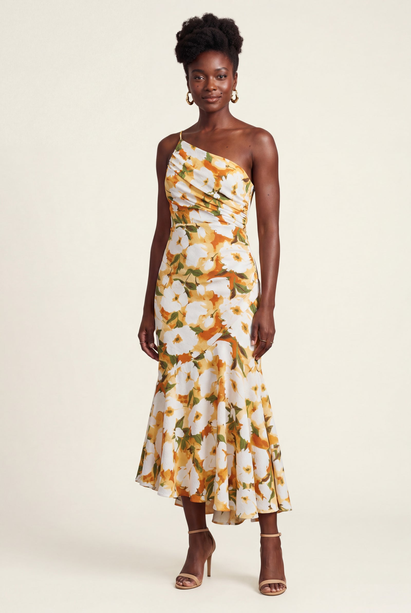 Yellow Asymmetrical One-shoulder Floral Print Midi Dress - Photo 19