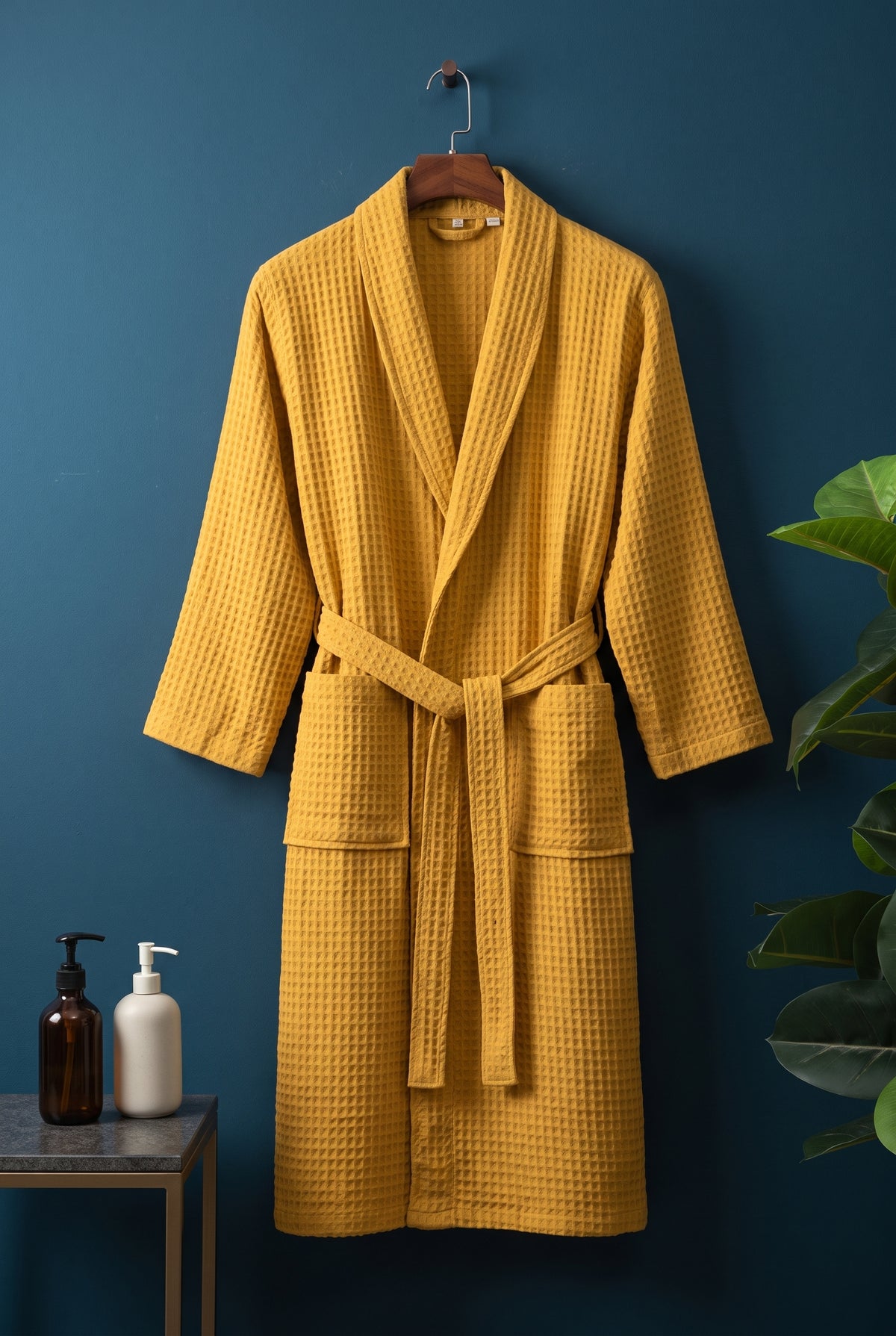 Cotton Waffle Bathrobe in Yellow — studio front