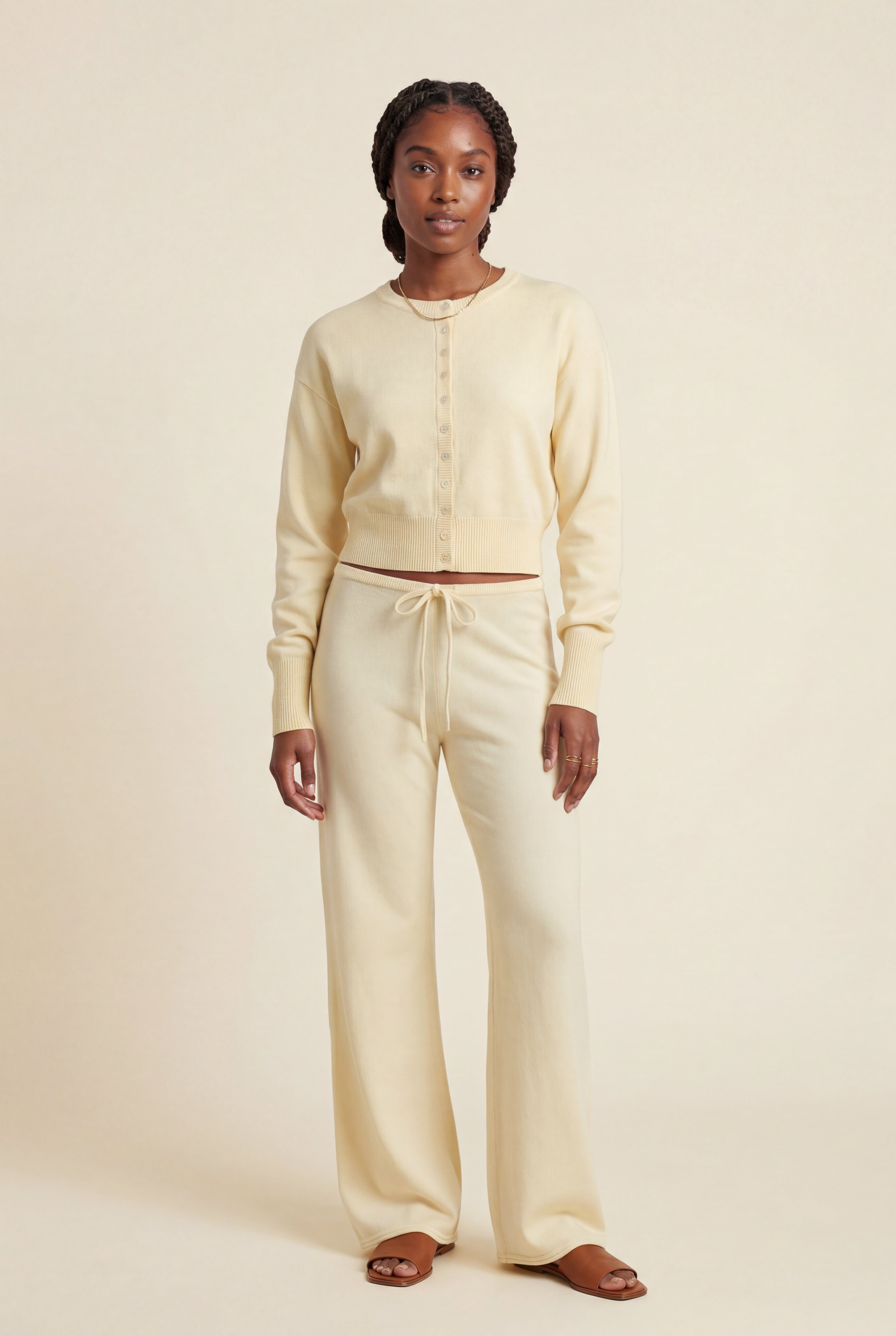 Cropped Cardigan and Wide-Leg Pants Set With Button Detail
