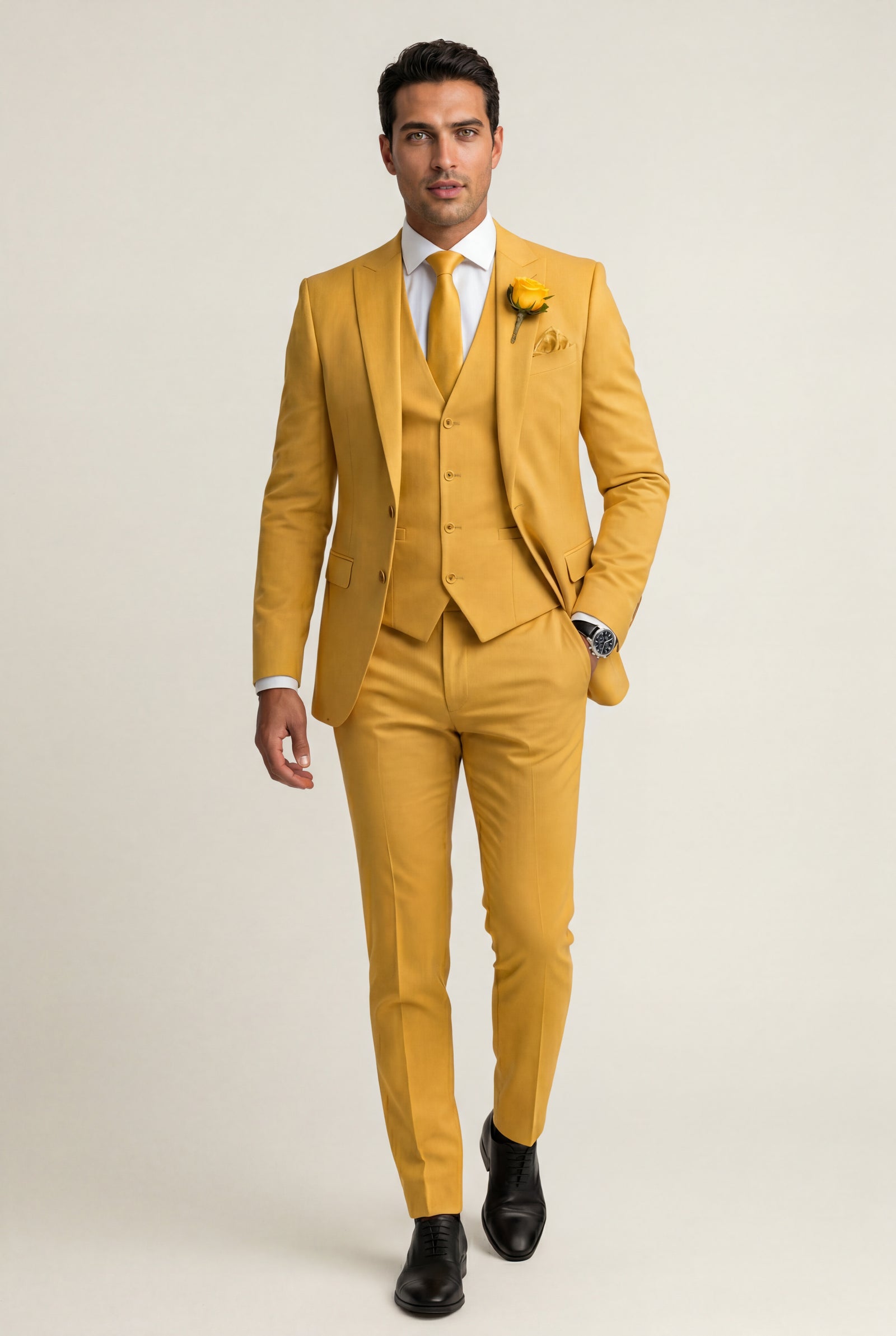 Yellow Notch Lapel Tailored Three-piece Suit - Photo 25