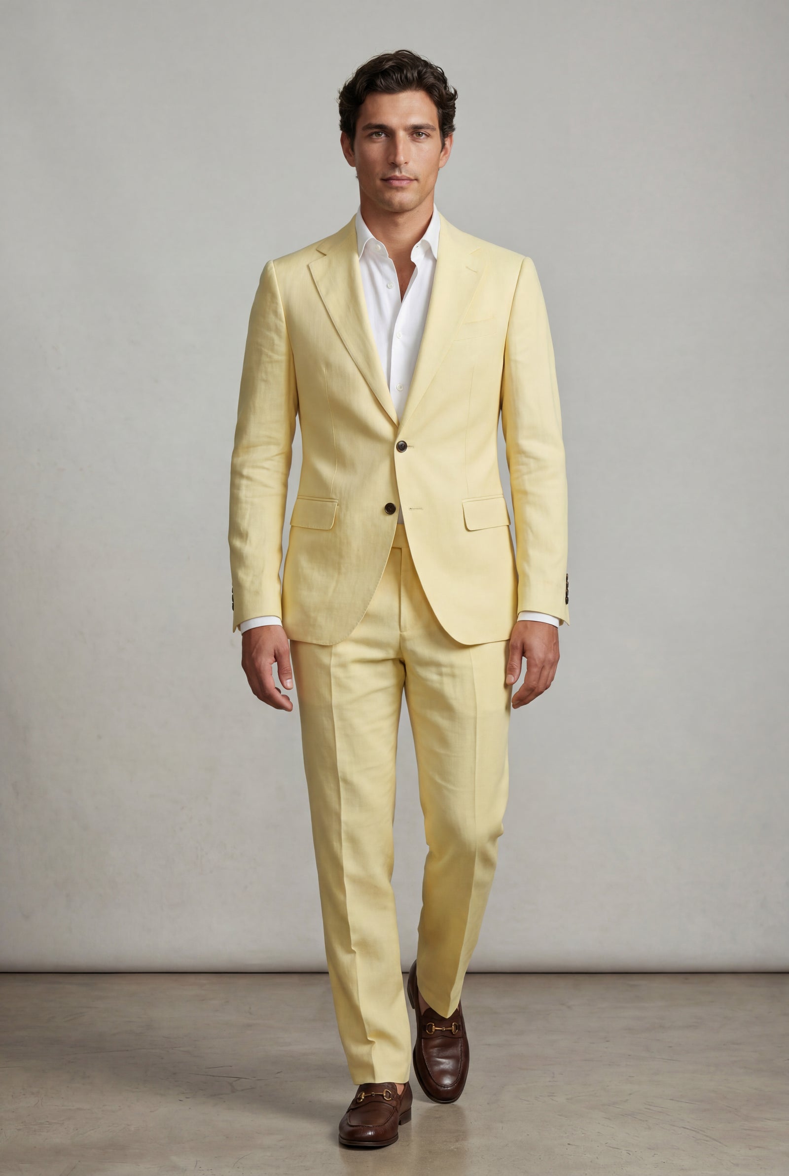 Yellow Pastel Slim Fit Two-piece Suit with Notched Lapel - Two-piece suits - Photo 6