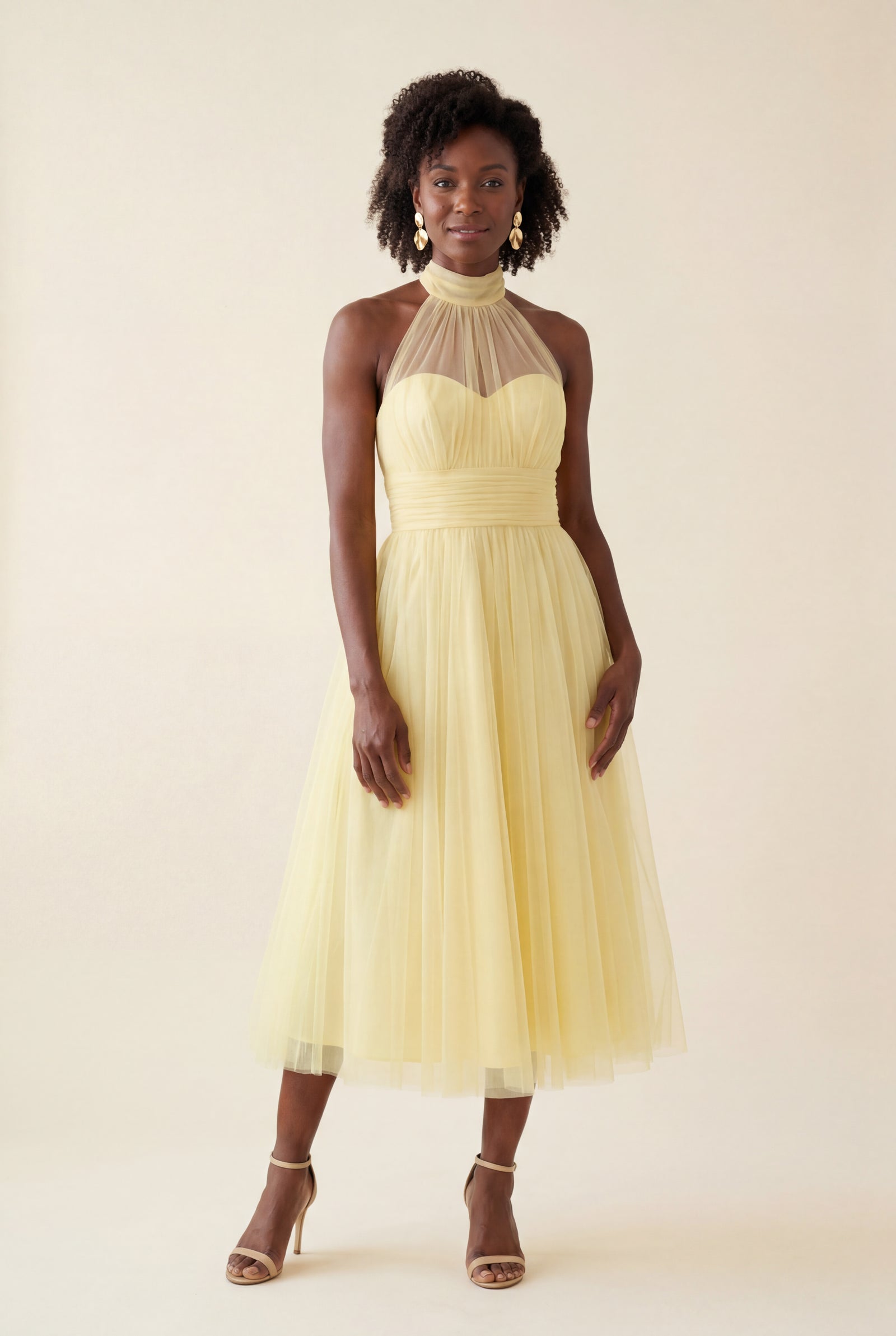 Yellow Pleated Halter Neck Midi Dress with Open Back Detail - Halter neck dress - Photo 16