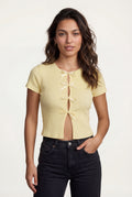 Yellow Ribbed Cut-out Short Sleeve Top with Front Tie Detail - Short sleeve tops - Photo 3