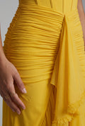 Yellow Ruched Asymmetric Hem Maxi Dress with Ruffle Trim - Photo 10